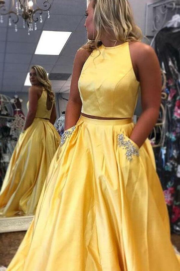Two Piece Halter Neck Satin Long Prom Dress With Beading Pocket