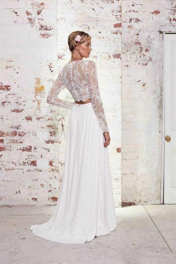 Two Pieces Long Sleeves Lace White Beach Wedding Bridal Dresses WD383