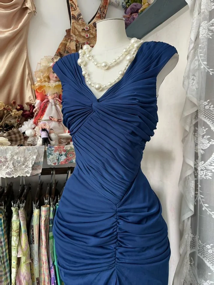 Vintage Navy Blue Chiffon Ruched Evening Gown Mermaid Party Prom Dress Y8076