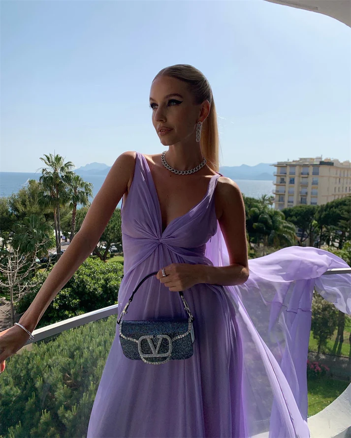 Vestido de fiesta de tul morado con escote en V, largo y sencillo, Y7774