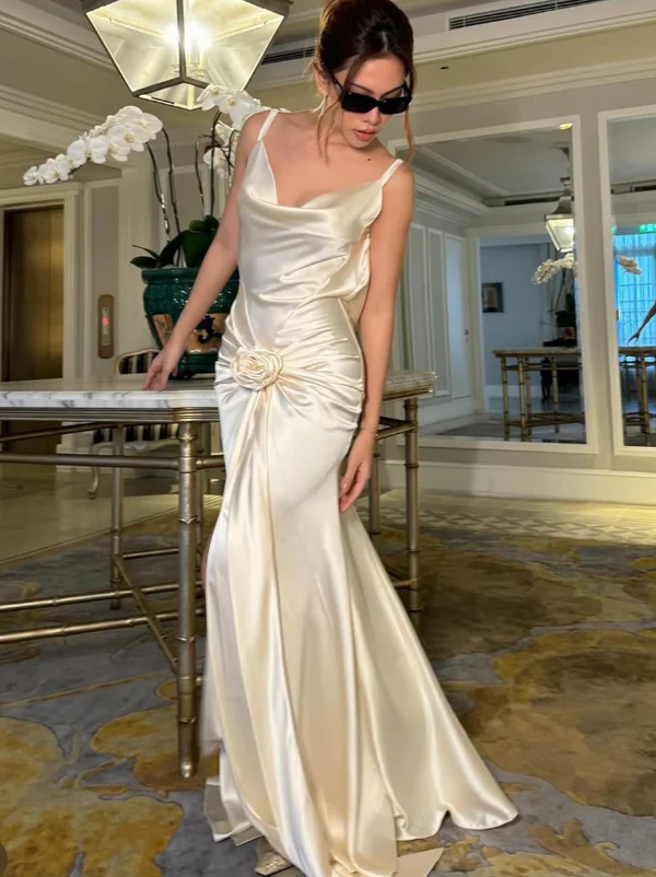 Vestido de noche elegante de sirena blanca con flores, vestido de novia formal Y8227