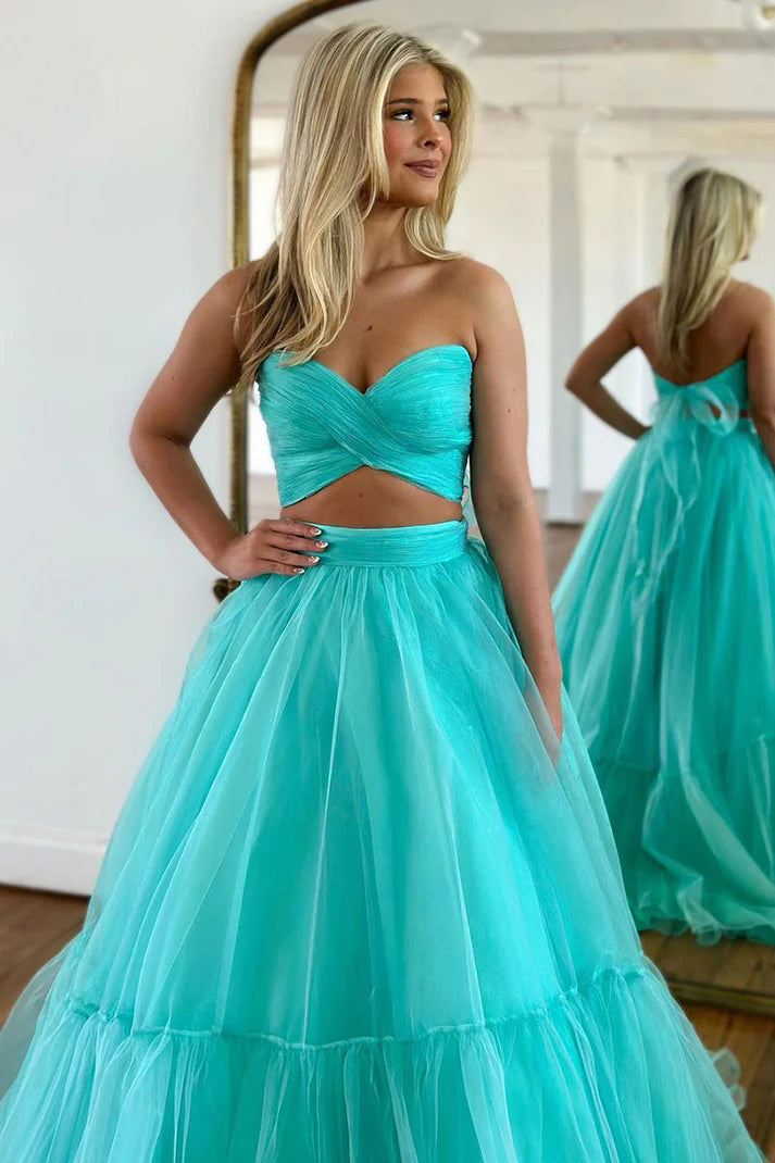 Vestido largo formal de tul verde menta con hombros descubiertos y corte A PSK452