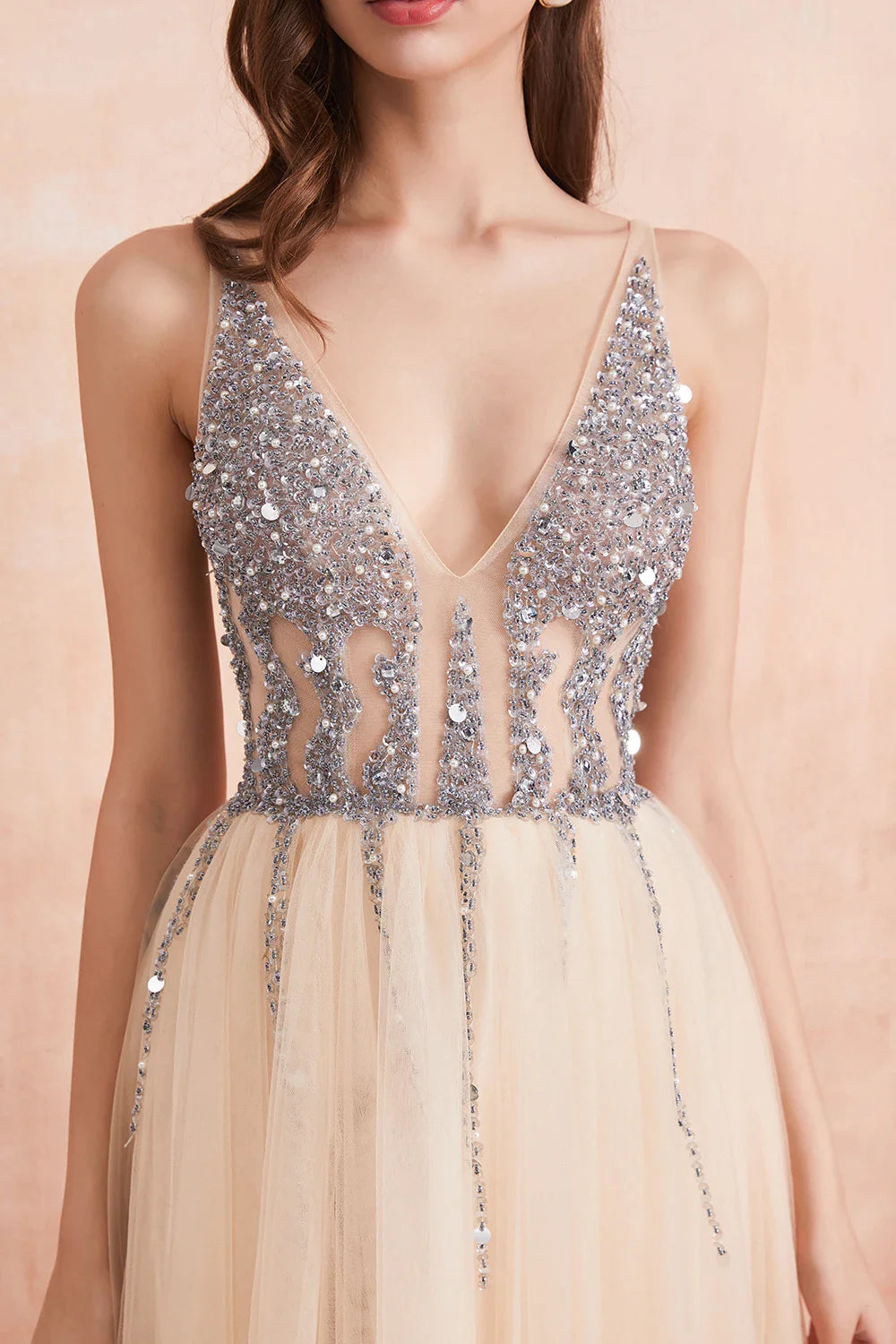 V Neck Evening Dresses with 2 Slits Sexy Backless Crystal Beaded Champagne Formal Prom Gown-payinti