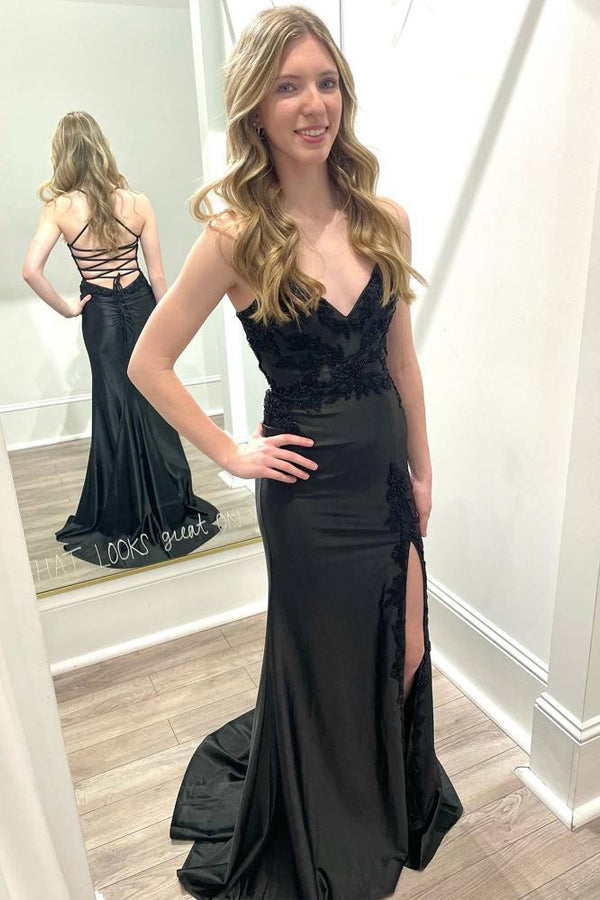 Robe de bal sirène noire à lacets et col en V avec fente PSK550