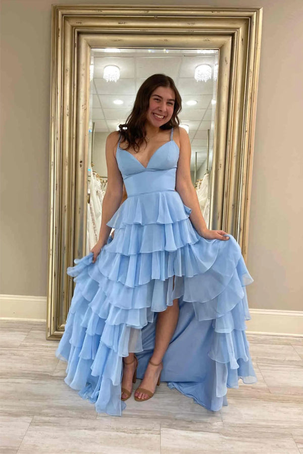 Vestido de festa em chiffon com decote em V e babados fúcsia com fenda PSK470