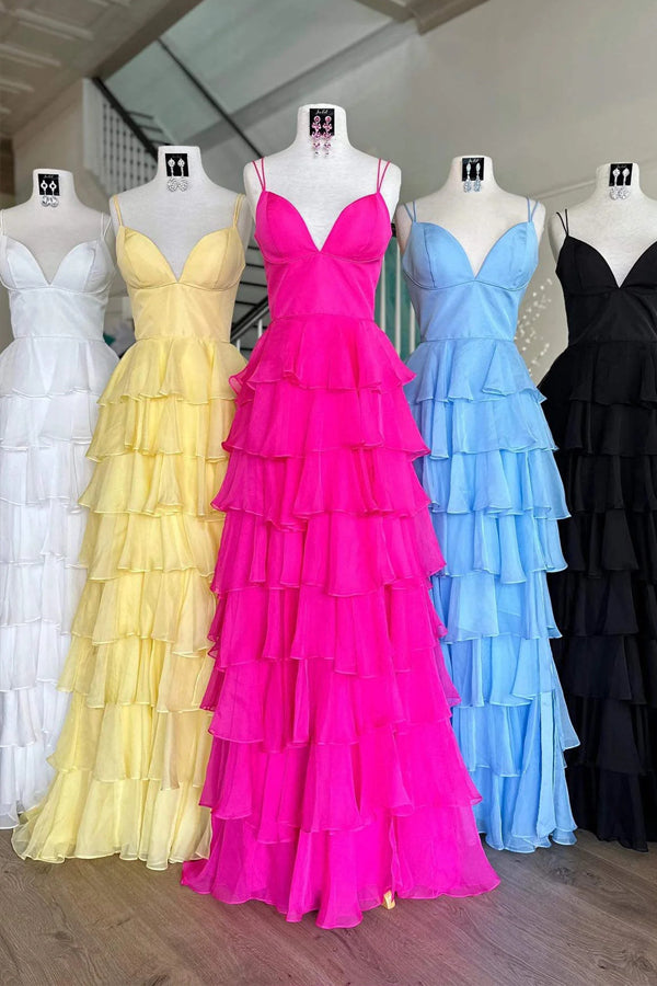 Vestido de festa em chiffon com decote em V e babados fúcsia com fenda PSK470
