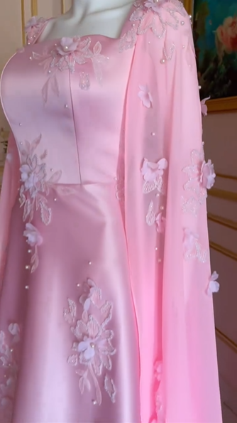 Luxury Pink Satin Long A Line Evening Dress Pretty Appliques Prom Dress Y7591