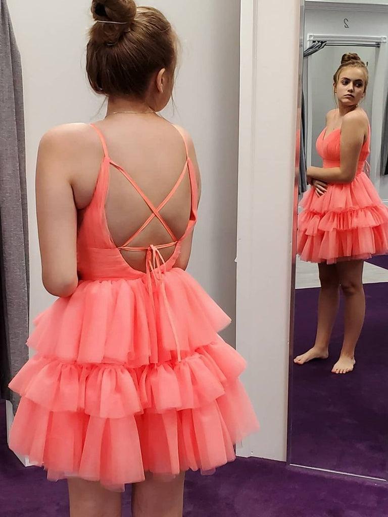 V Neck Layered Coral Short Prom Dresses Homecoming Dresses PD446