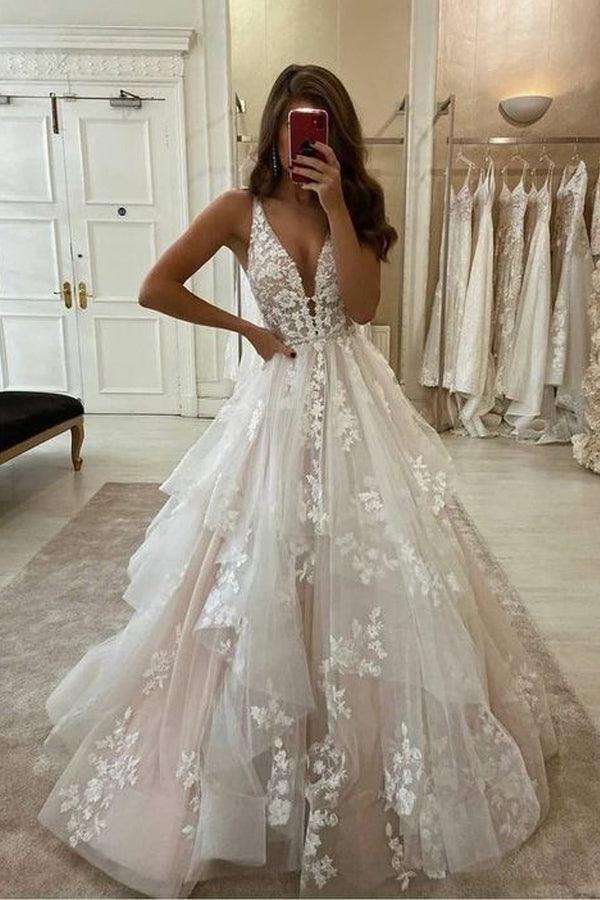 V Neckline Tired Tulle A-line Lace Wedding Dress Floor Length WD608