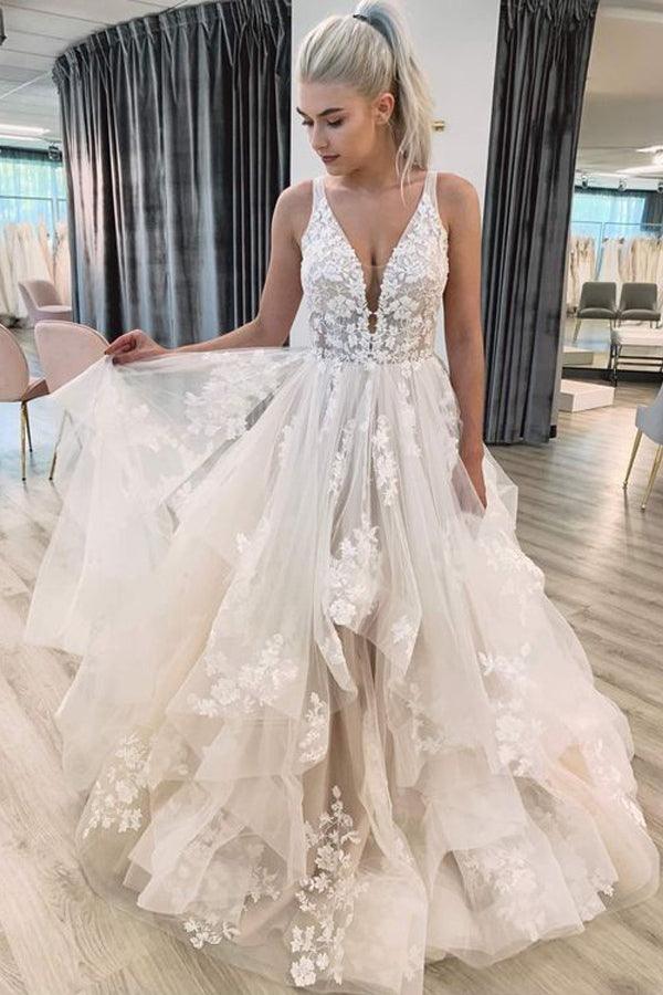 V Neckline Tired Tulle A-line Lace Wedding Dress Floor Length WD608
