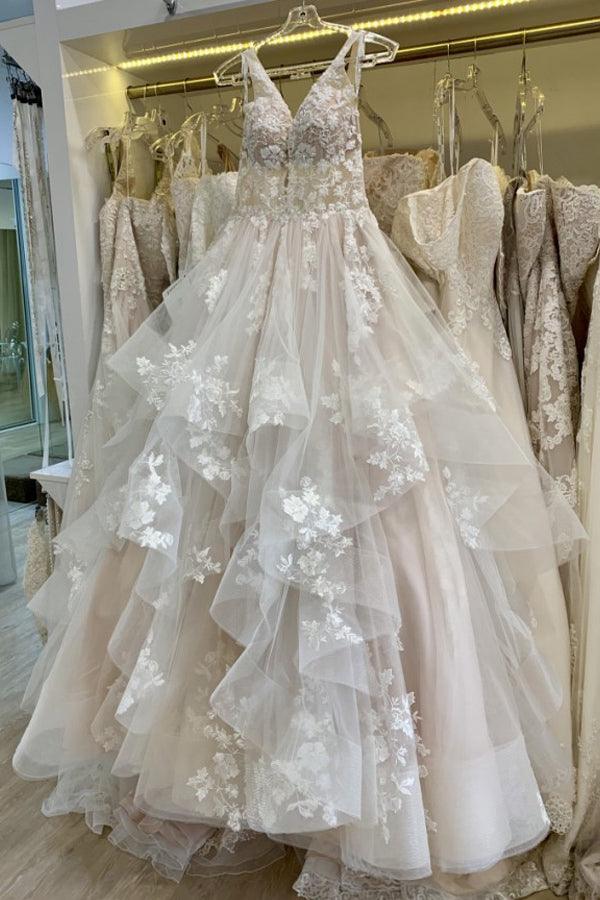V Neckline Tired Tulle A-line Lace Wedding Dress Floor Length WD608