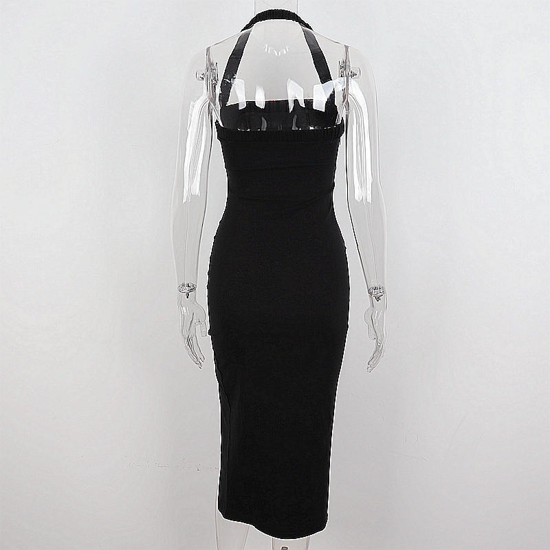 Vestido de fiesta negro con cuello halter y abertura para mujer, vestido de noche sexy negro sin mangas Y1161