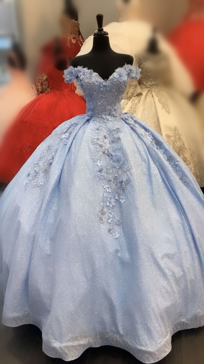 Vestido de quinceañera con hombros descubiertos y flores azules 3D, estilo hinchado, Y4209