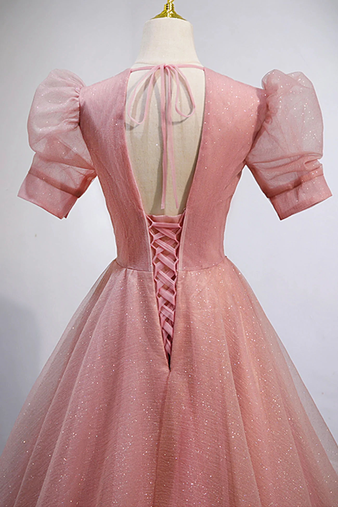 Pink V-Neck Tulle Long Prom Dresses, A-Line Short Sleeve Evening Dresses Y892