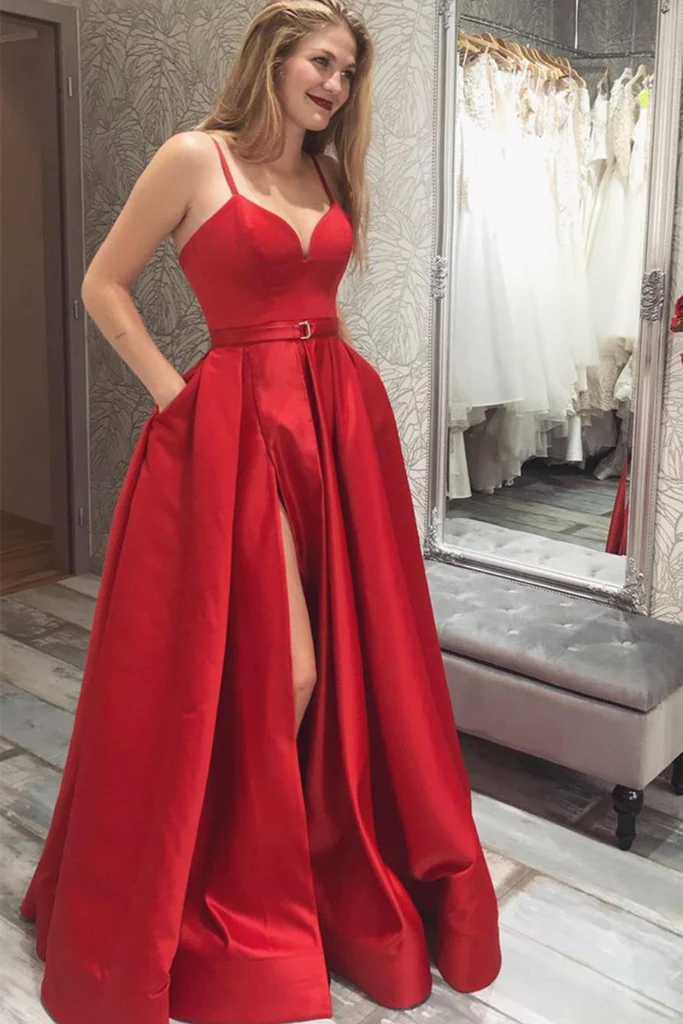 Schlichtes langes Ballkleid aus rotem Satin mit V-Ausschnitt und hohem Schlitz, formelles rotes Abendkleid mit V-Ausschnitt Y220
