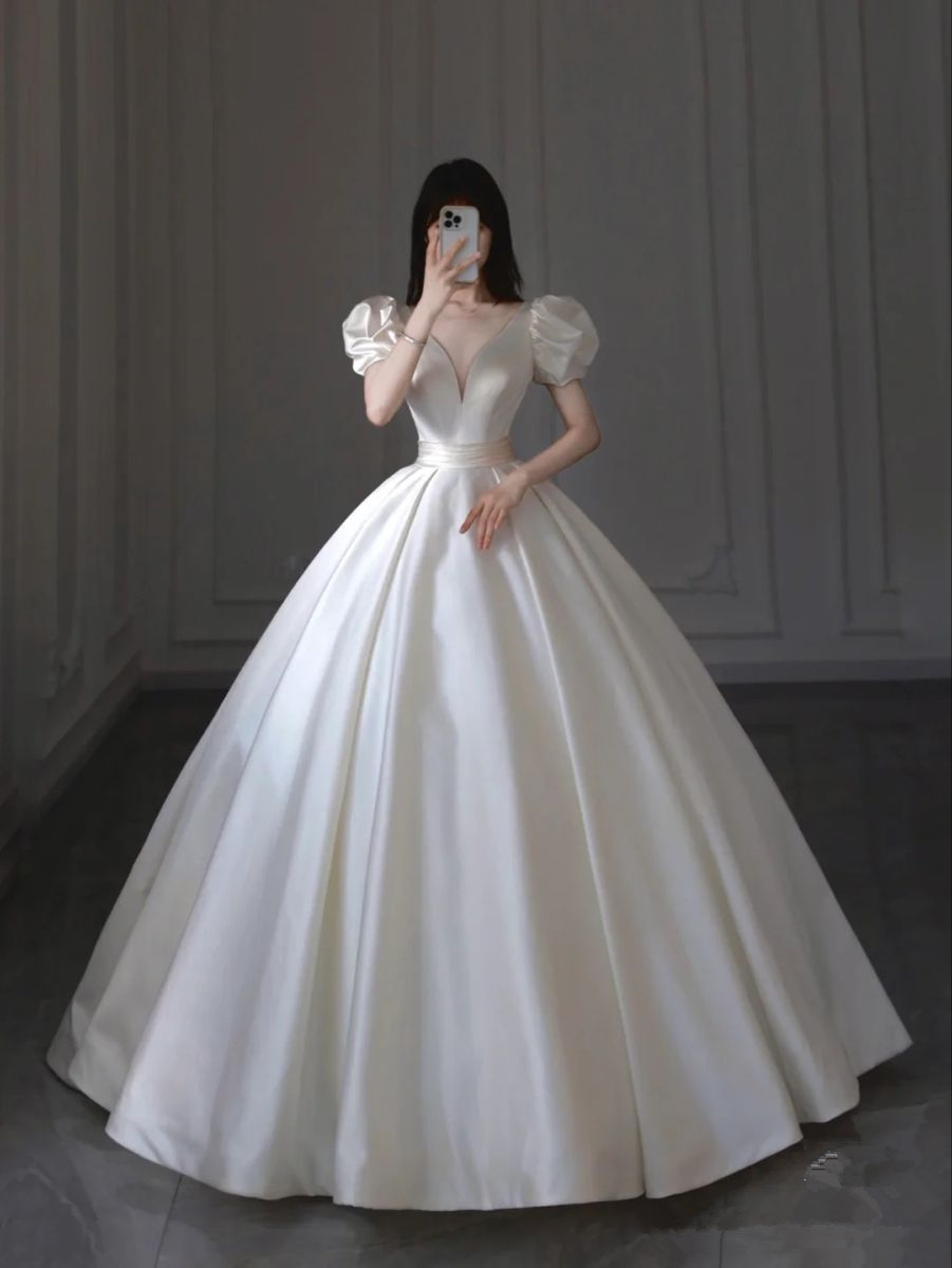 Elegante vestido de novia de satén blanco, vestido de novia blanco Y5626