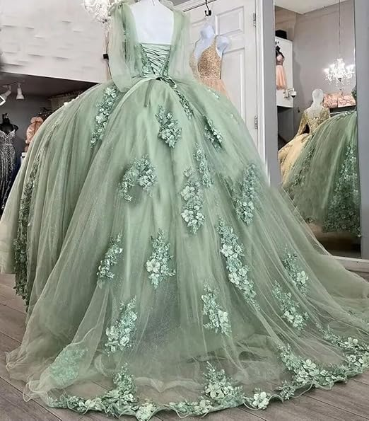 Hermoso vestido de quinceañera verde salvia con hombros descubiertos y corsé sexy Y1924