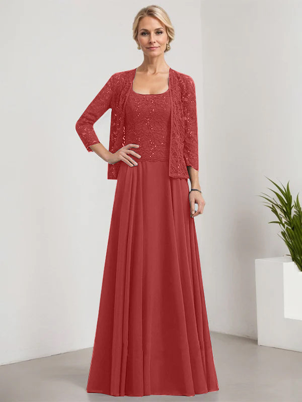 A-Linie Quadratisches Bodenlanges Spitzen-Chiffon-Kleid für die Brautmutter mit Pailletten