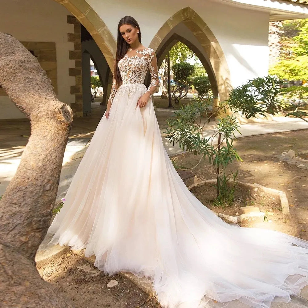 Vintage Boho Wedding Dresses For Women's Elegance 2023 Beach Princess A-Line Long Sleeves Illusion Bodices Country Bridal Gowns-payinti