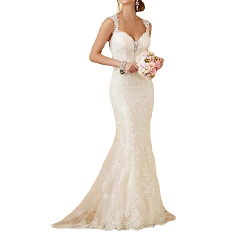 Vintage Lace Garden Wedding Dresses Sweetheart Open Back Wide Straps Mermaid Bride Wedding Gowns Long Train vestidos de novia-payinti