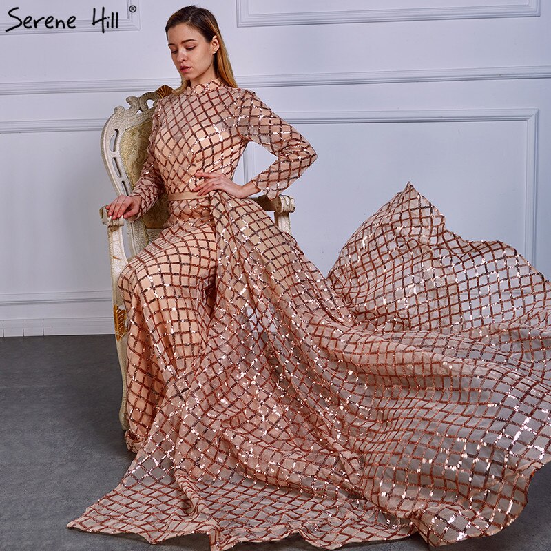 En oferta, sin devolución ni reembolso, vestidos de noche vintage de manga larga de lujo brillantes, 2025, con lentejuelas, cuello alto, vestidos de noche de tul a la moda, vestidos de fiesta LA6414