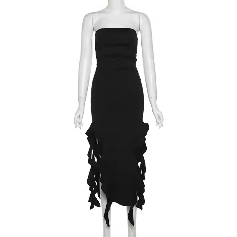 Schickes schwarzes trägerloses Partykleid, schwarzes Abendkleid Y1929