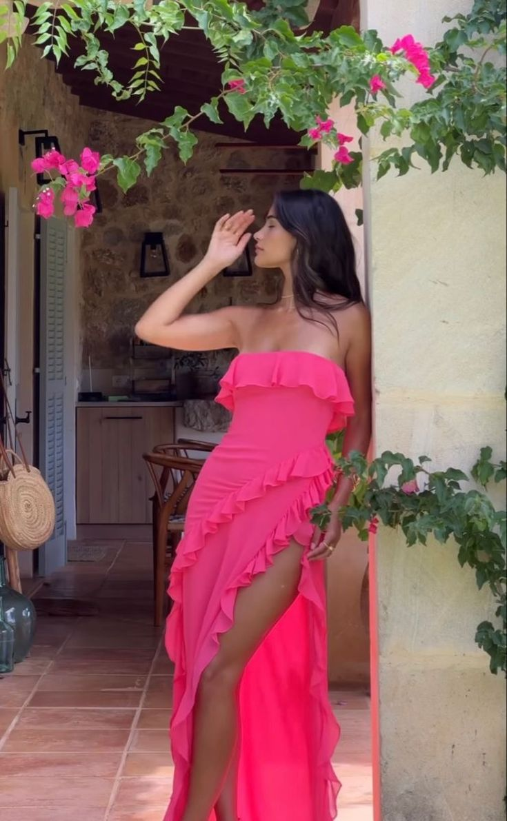 Vestido de noche con volantes de gasa rosa intenso, encantador, sin tirantes, con abertura, vestido de fiesta Y8081