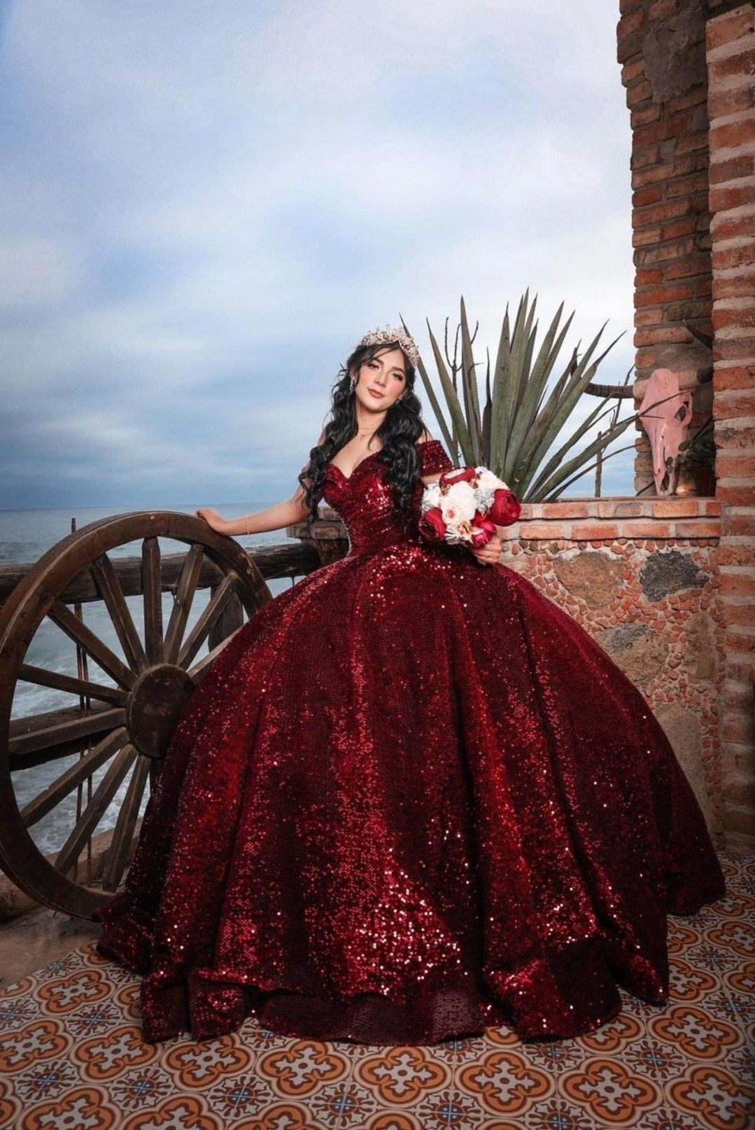 Vestido de fiesta con lentejuelas burdeos y hombros descubiertos, vestido de quinceañera Y2203
