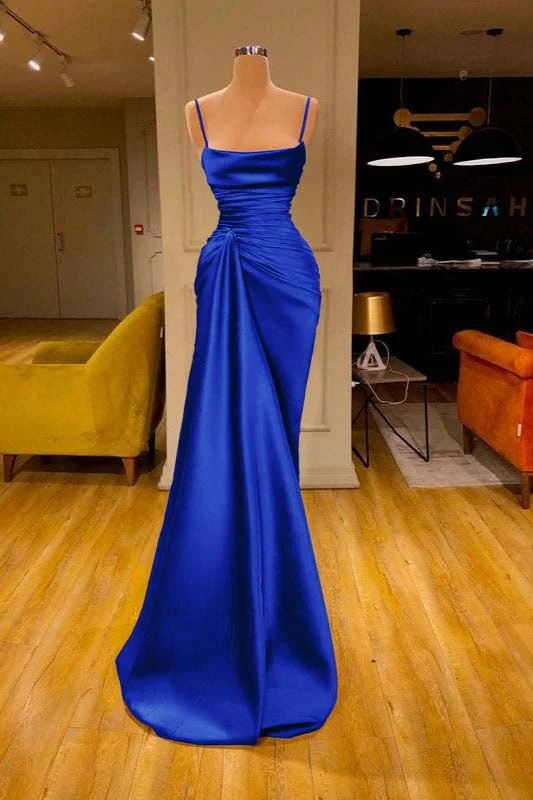Vestido de fiesta largo de sirena plisado con tirantes finos color burdeos 6868