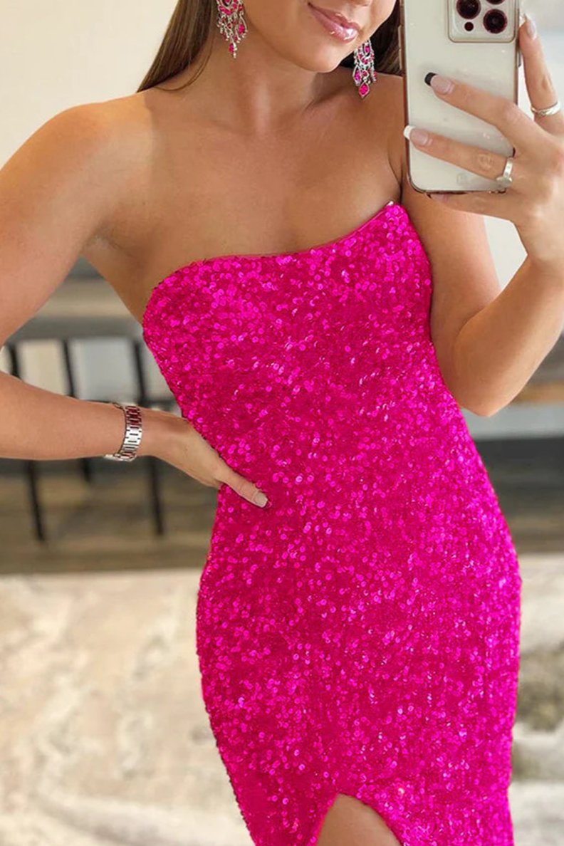 Dahlia | Vestido de fiesta largo de sirena sin tirantes con lentejuelas y abertura