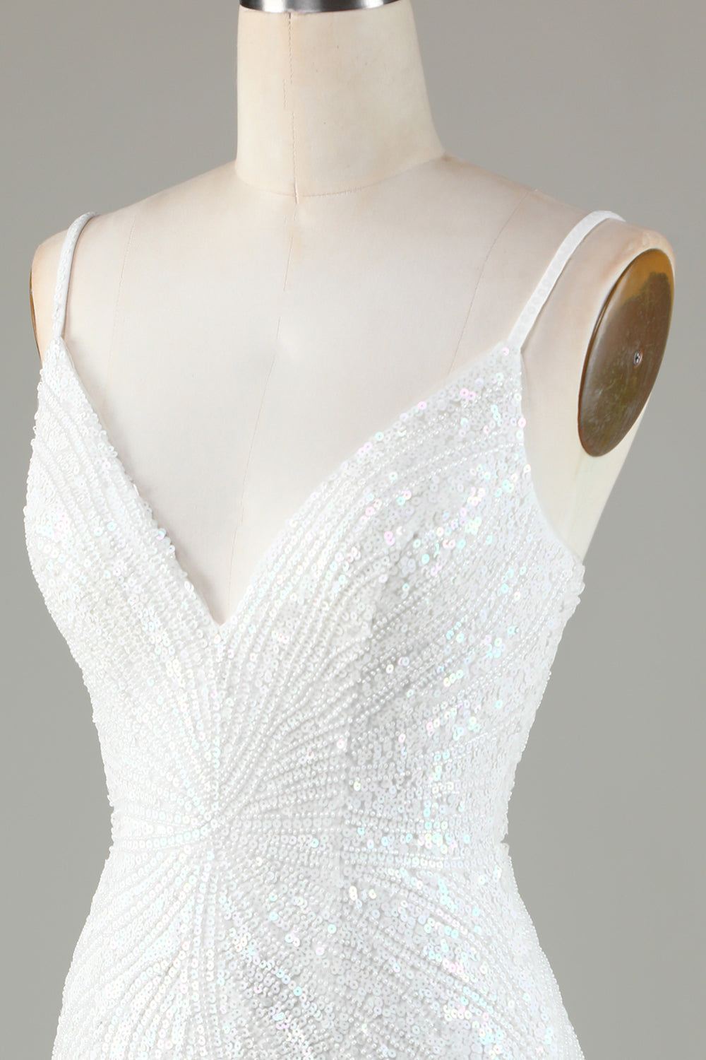 Glitzerndes, weißes, figurbetontes, kurzes Homecoming-Kleid mit Schnürung am Rücken, Perlen und Quaste