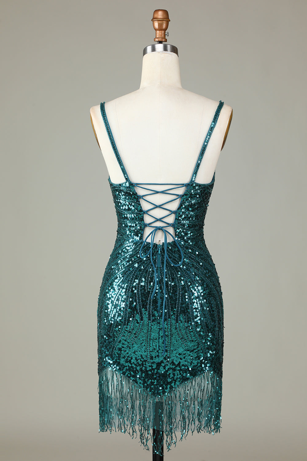 Glitzerndes, weißes, figurbetontes, kurzes Homecoming-Kleid mit Schnürung am Rücken, Perlen und Quaste