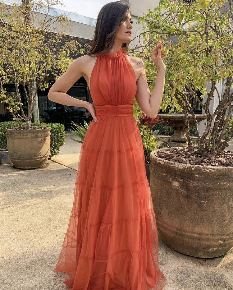 Elegante vestido de fiesta de tul naranja sin mangas con corte en A, vestido de noche naranja Y5327