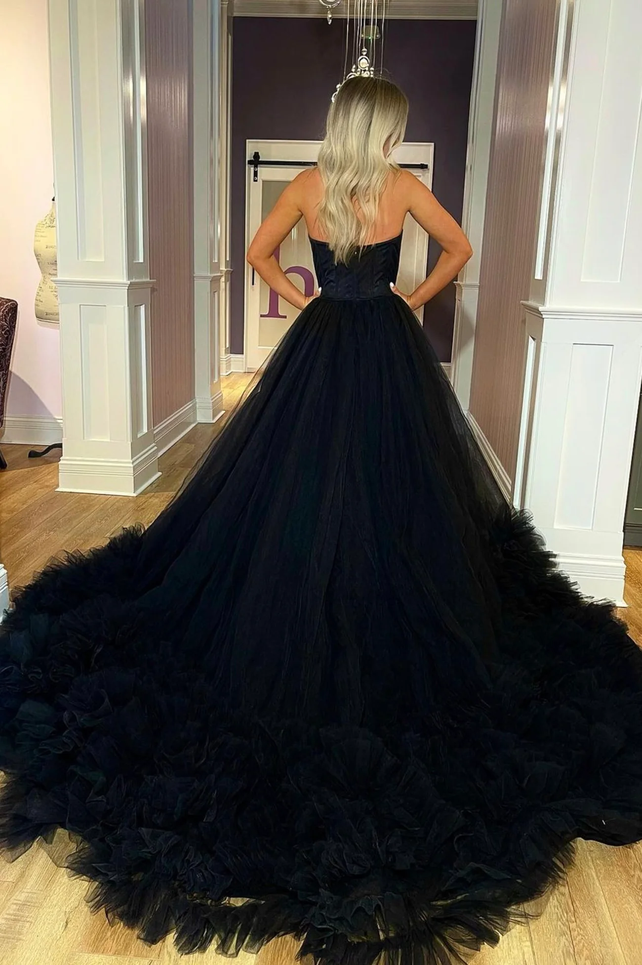 Black Strapless Tulle Long Ball Gown, A-Line Evening Dress Y1797