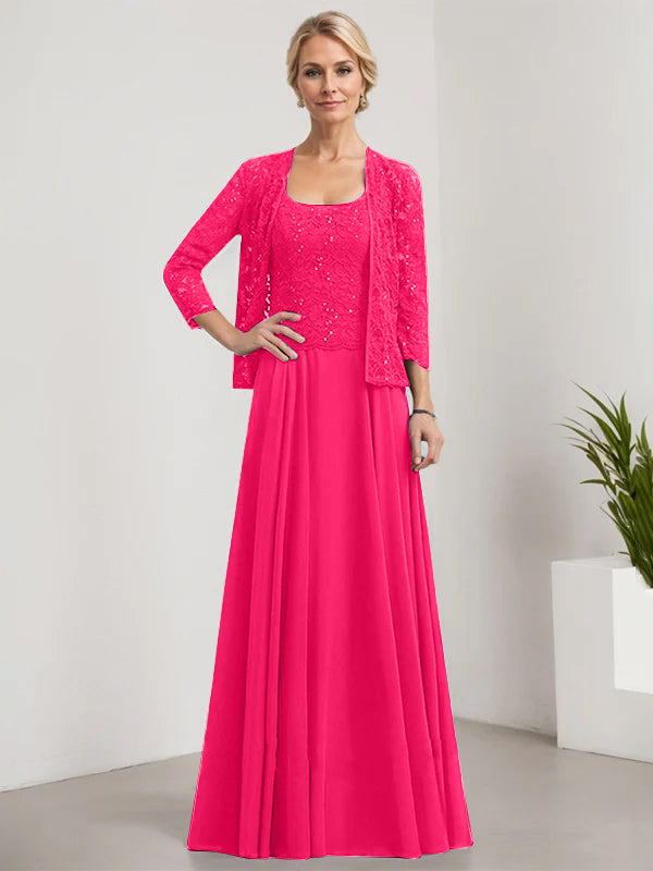 A-Linie Quadratisches Bodenlanges Spitzen-Chiffon-Kleid für die Brautmutter mit Pailletten