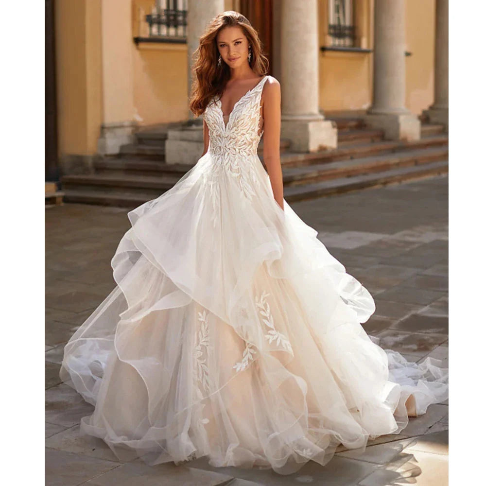 Wedding Dresses 2023 Bohemia A-line Sexy V-neck Pleated Backless Button Bridal Gowns Women's Elegant Backless Vestidos De Novia-payinti