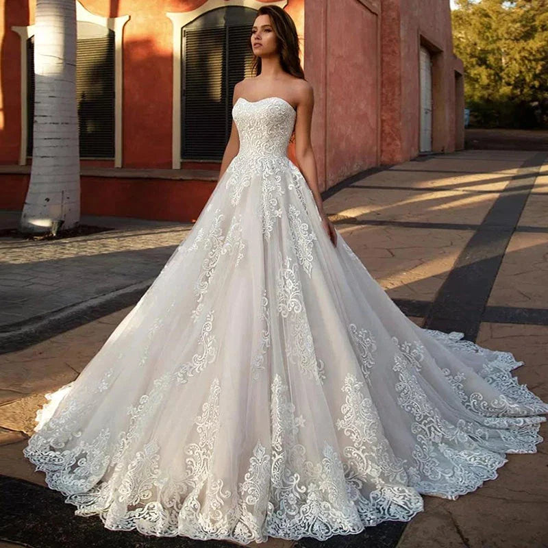 Wedding Dresses Sweetheart Prom Gowns Women's A-Line Sleeveless Lace Applique Back Tie Design Customization Robe Vestidos De Muj-payinti