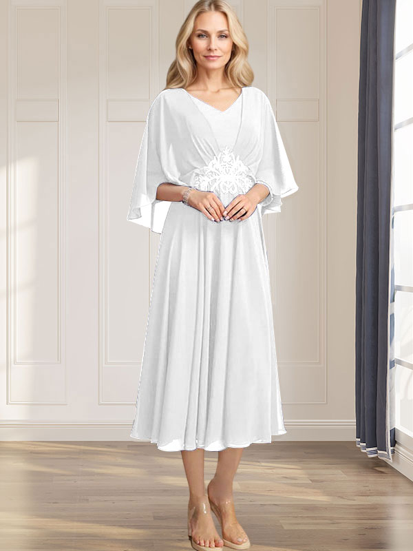 A-Linie V-Ausschnitt Wadenlanges Chiffonkleid für die Brautmutter mit plissierten Paillettenapplikationen Spitzenbesatz