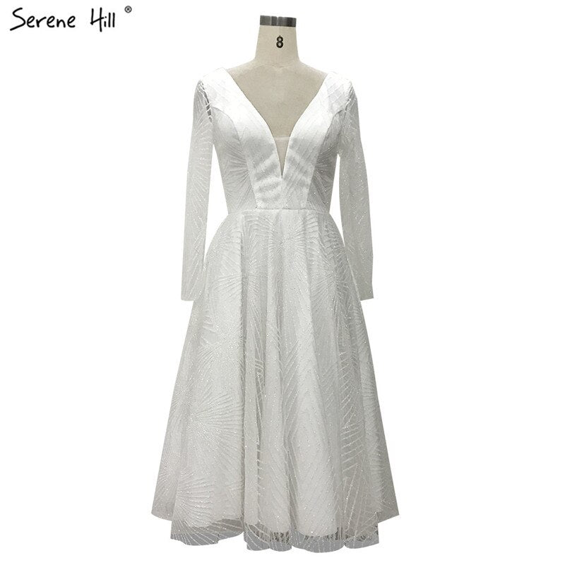 On Sale no return no refundSale White Brown Deep-V Long Sleeves Sexy Cocktail Dresses Glitter A-Line Tea-Length Cocktail Dress 2025 LA70267