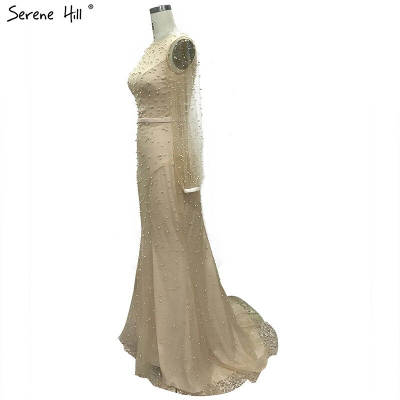 White Long Sleeve Pearls Mermaid Evening Dresses Design 2025 Dubai O-Neck Sexy Tulle Formal Dress LA60995