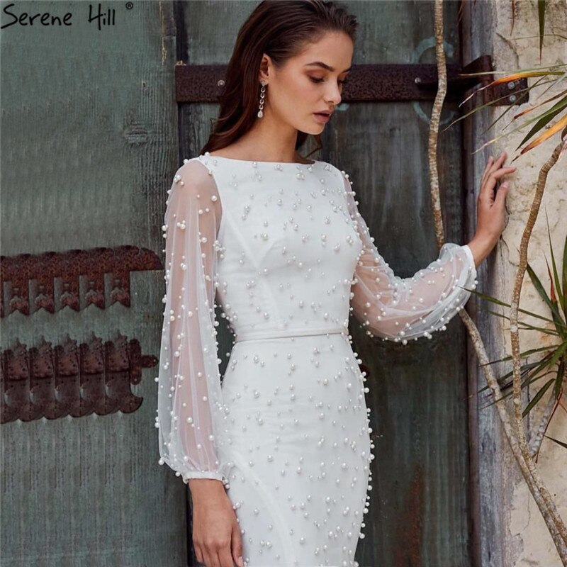 White Long Sleeve Pearls Mermaid Evening Dresses Design 2025 Dubai O-Neck Sexy Tulle Formal Dress LA60995