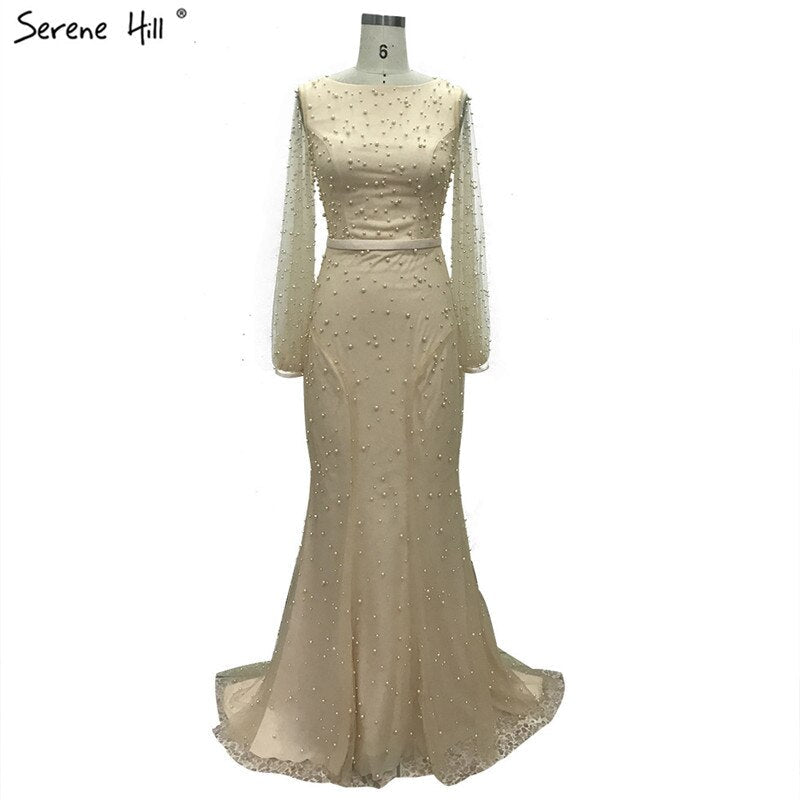 White Long Sleeve Pearls Mermaid Evening Dresses Design 2025 Dubai O-Neck Sexy Tulle Formal Dress LA60995