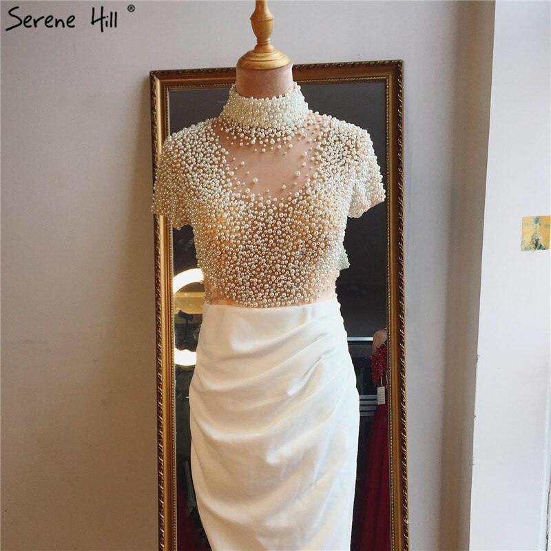 White Short Sleeves Mermaid Evening Dresses Design 2025 High Neck Pearls Beading Evening Gowns LA70207
