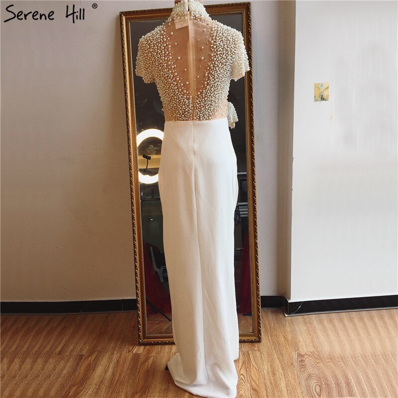 White Short Sleeves Mermaid Evening Dresses Design 2025 High Neck Pearls Beading Evening Gowns LA70207