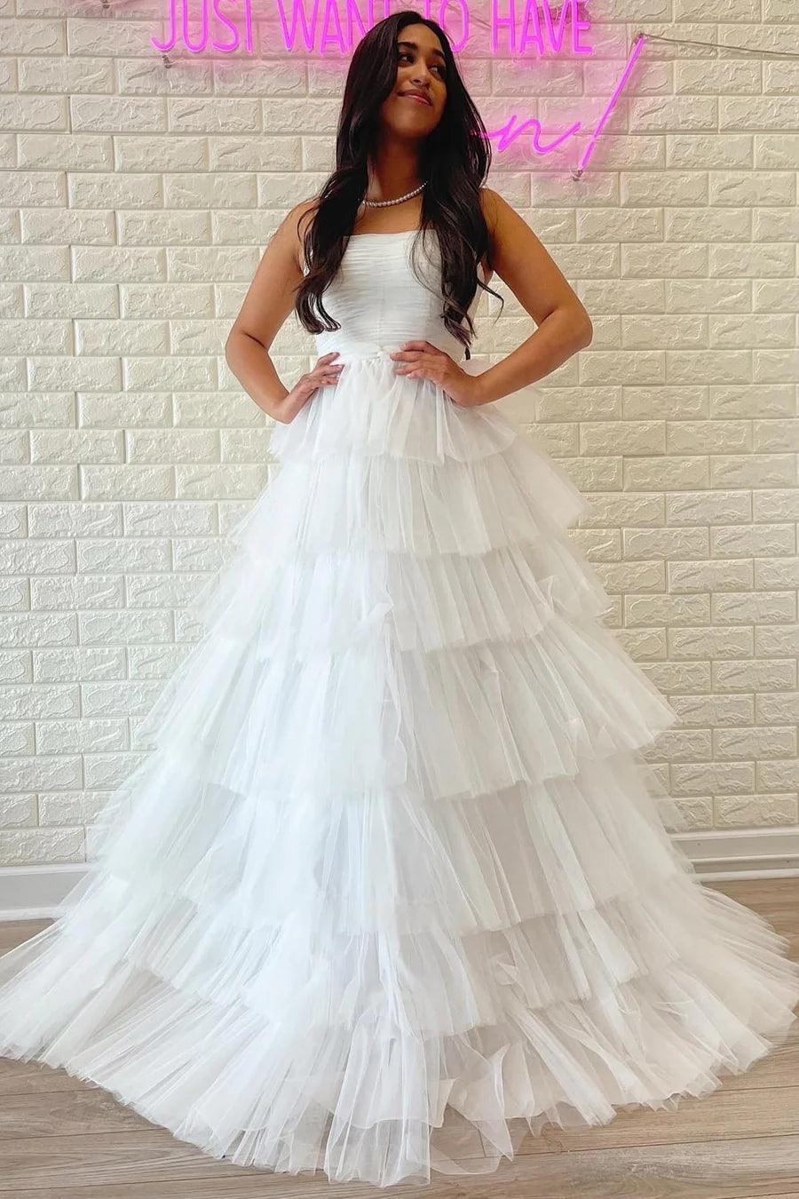 White Strapless Tiered A-Line Long Prom Dress with Ruffles PSK410