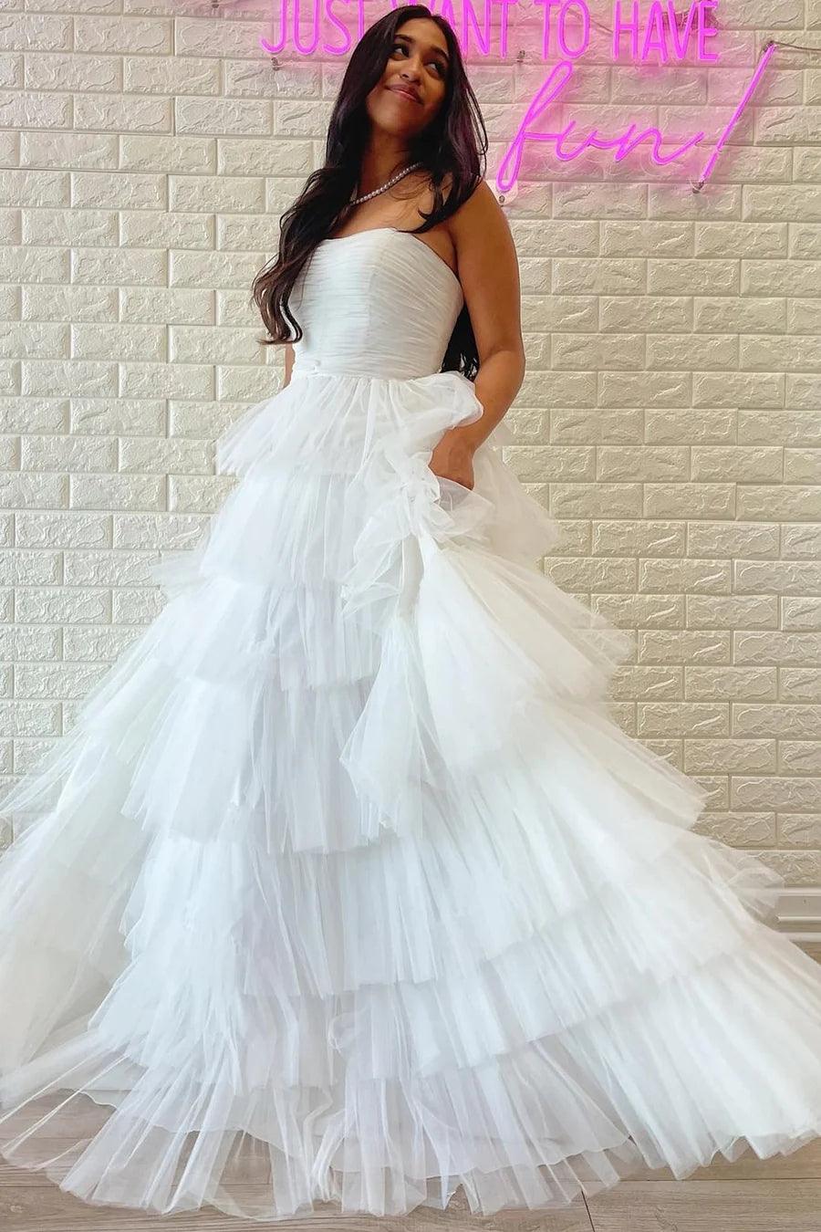 White Strapless Tiered A-Line Long Prom Dress with Ruffles PSK410