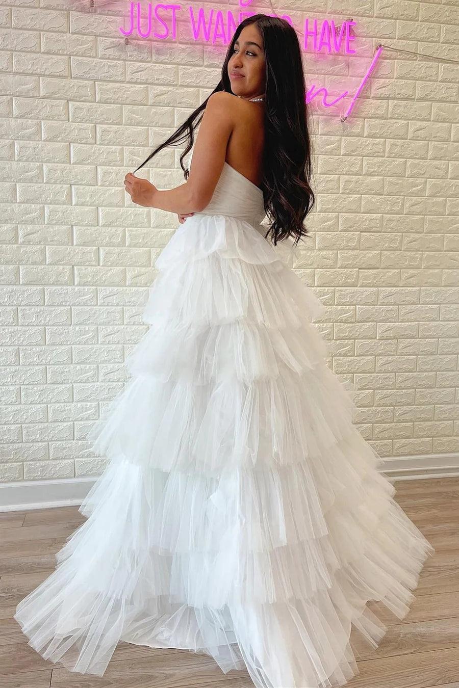 White Strapless Tiered A-Line Long Prom Dress with Ruffles PSK410