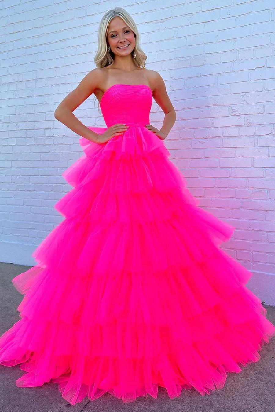 White Strapless Tiered A-Line Long Prom Dress with Ruffles PSK410