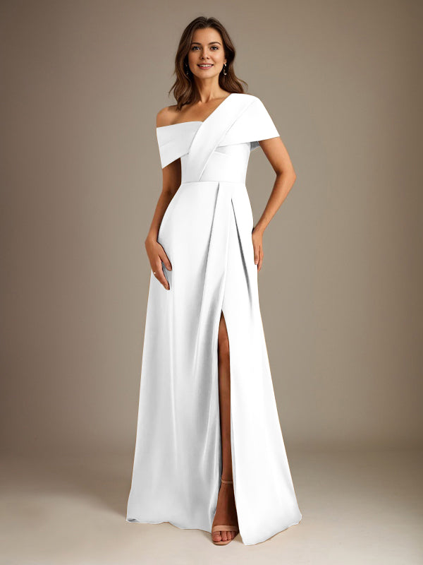 A-Line Asymmetrical Neckline Floor-Length Satin Mother of the Bride Dress With Pleated