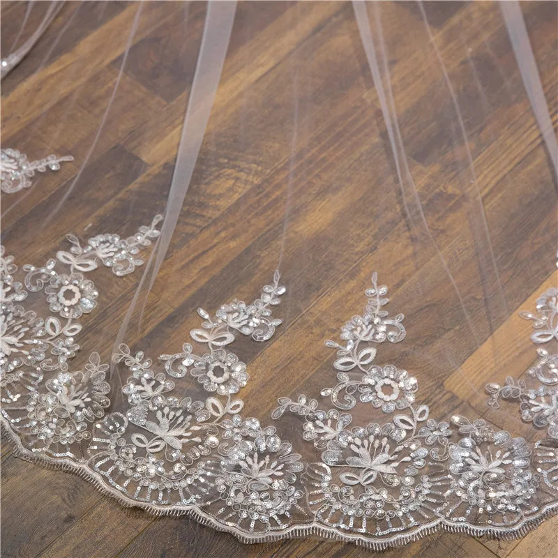 Wholesale white Ivory 3*3 Meter Cathedral wedding veils Lace Appliques Bridal veil-payinti